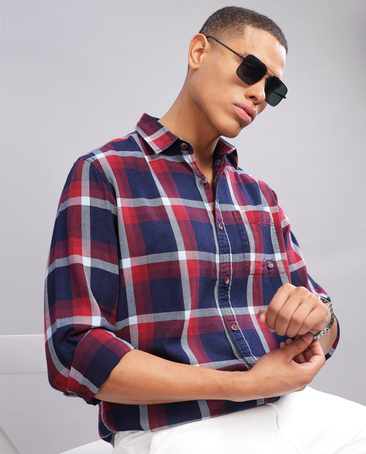 Men's Indigo Checked Slim Fit Shirt - Blue and Red