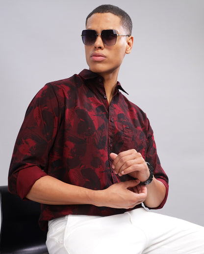 Men’s Floral Print Slim Fit Shirt - (Red )