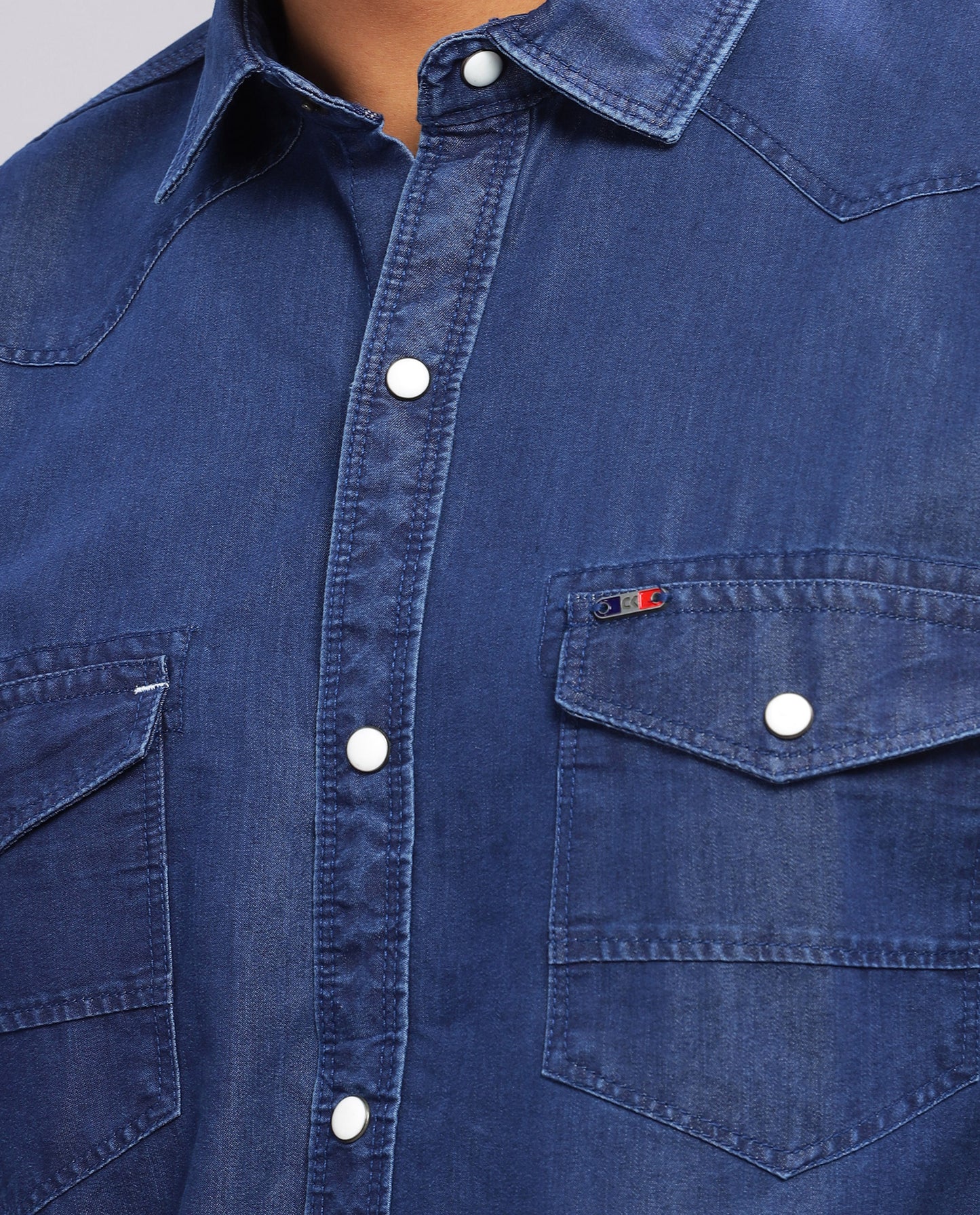 Blue Denim Washed Casual Slim Fit Shirt