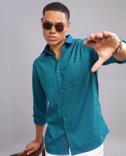 Peacock Blue Giza Cotton Slim Fit Shirt