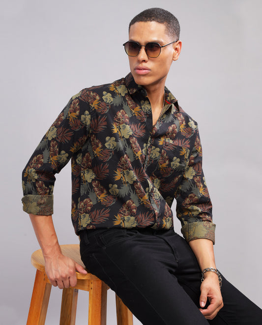 Men’s Black Slub Slim Fit Shirt  (Floral Print)