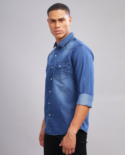 Dark Blue Denim Washed Casual Slim Fit Shirt