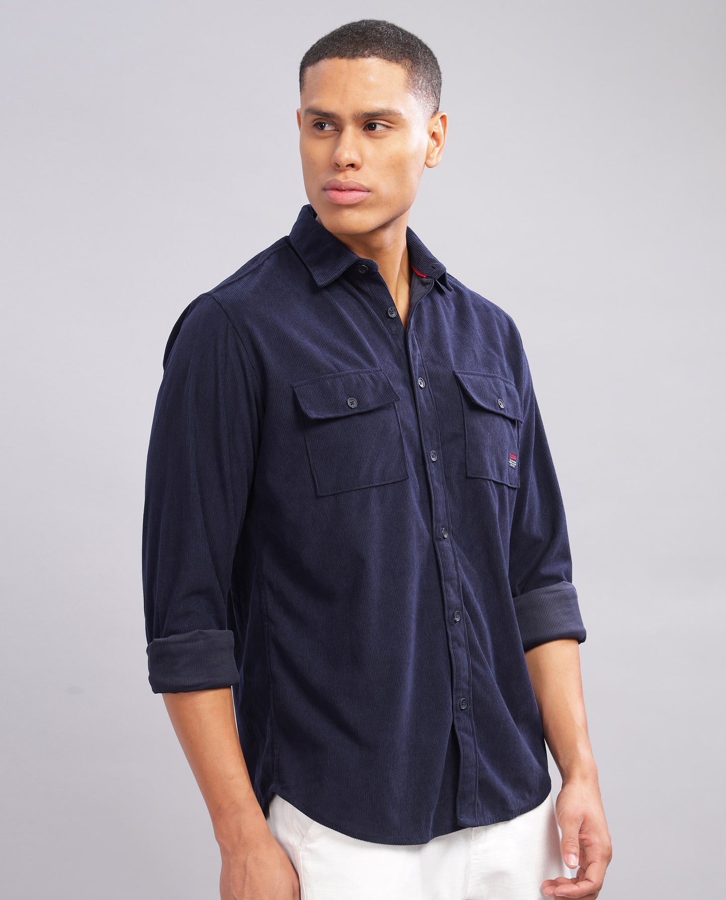 Navy Blue Men's Corduroy Double Pocket  Slim Fit Shirt