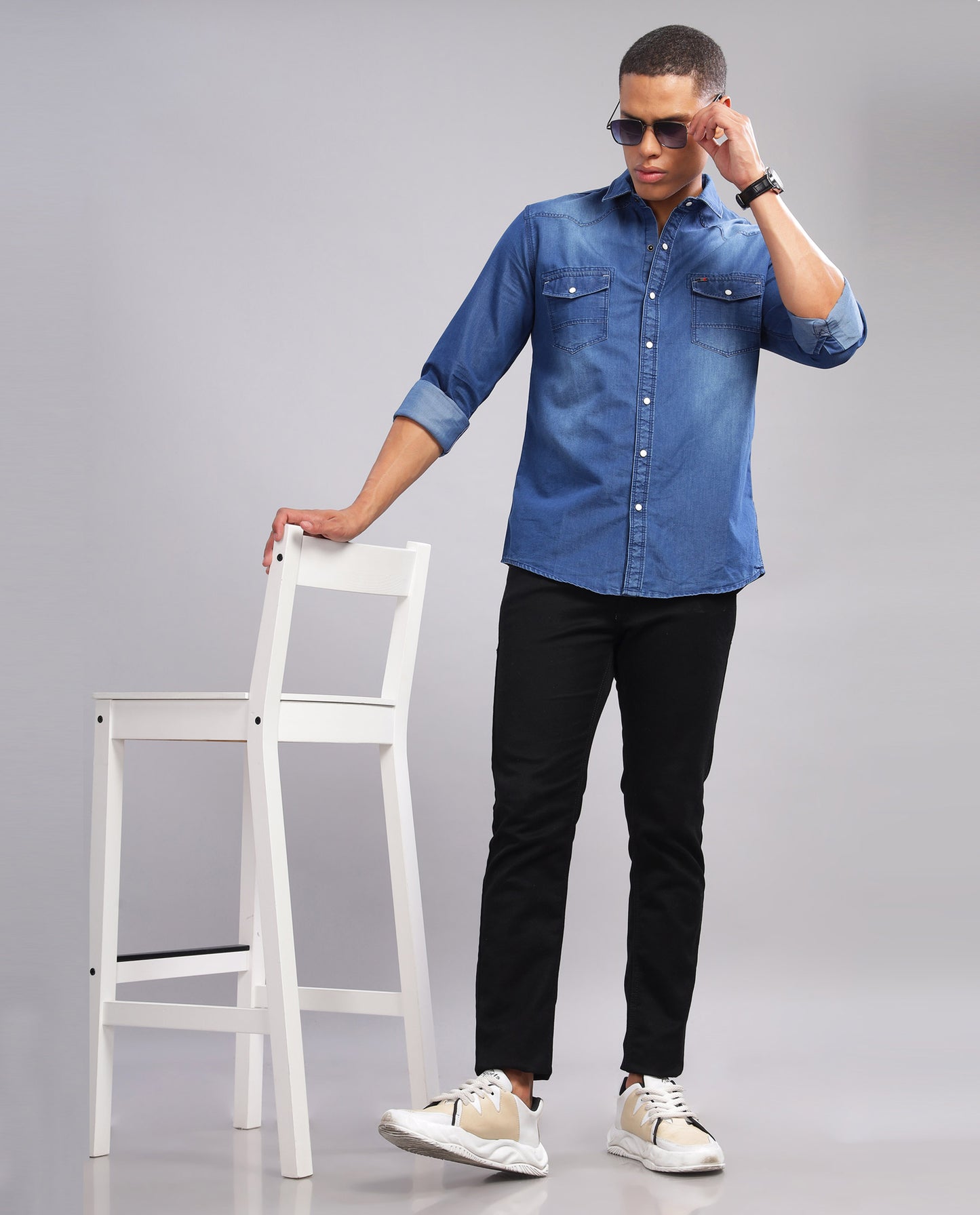 Dark Blue Denim Washed Casual Slim Fit Shirt