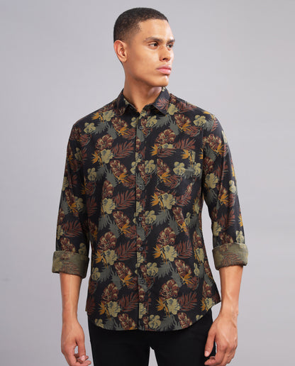 Men’s Black Slub Slim Fit Shirt  (Floral Print)