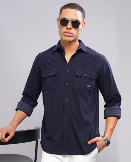 Navy Blue Men's Corduroy Double Pocket  Slim Fit Shirt