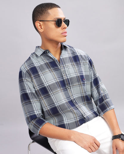 Men's Indigo Checked Slim Fit Shirt - Blue and Grey