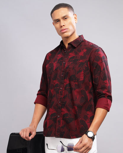 Men’s Floral Print Slim Fit Shirt - Red