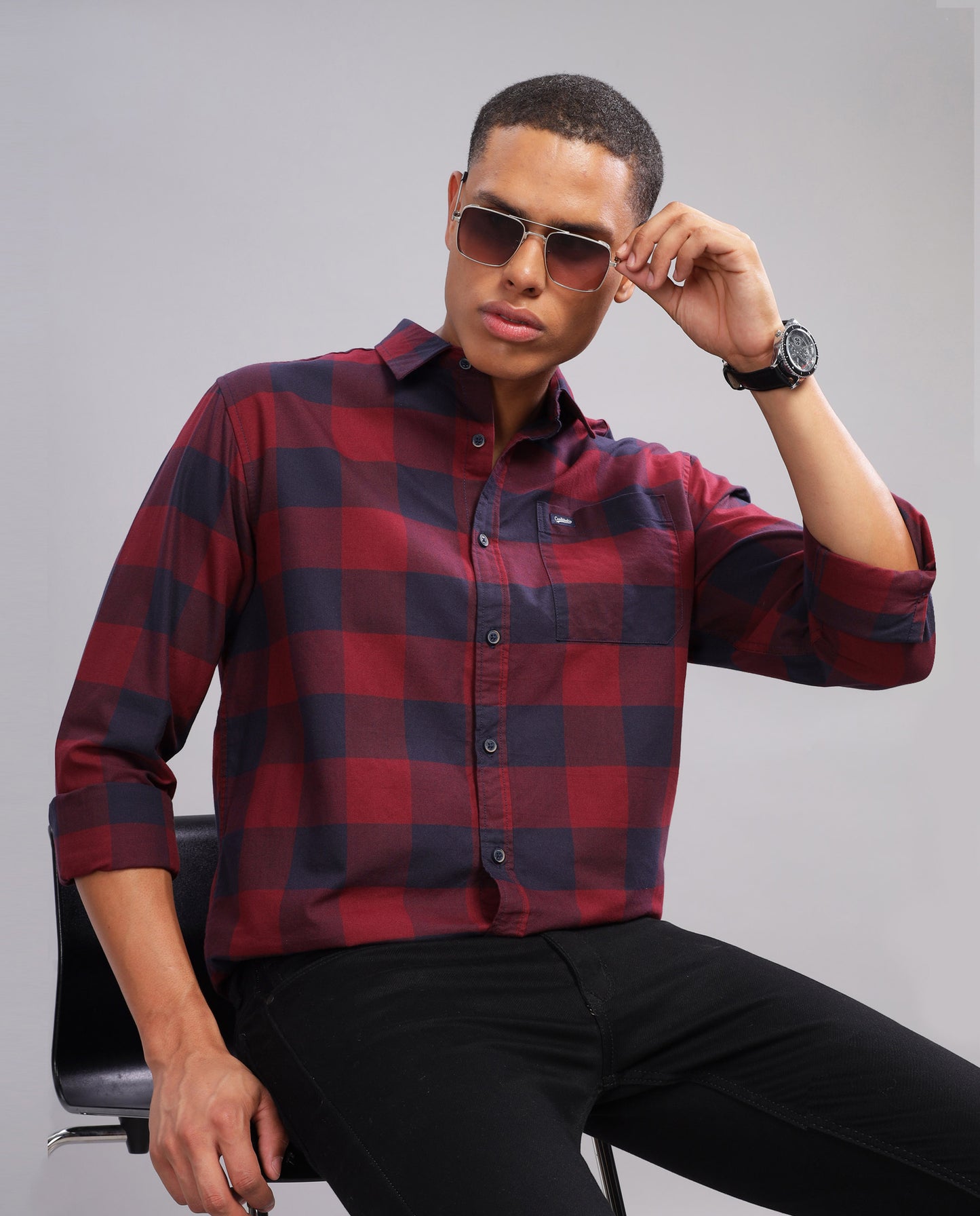 Men's  Oxford Checked Slim Fit Shirt -Red
