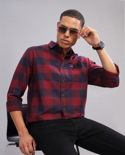 Men's  Oxford Checked Slim Fit Shirt -Red