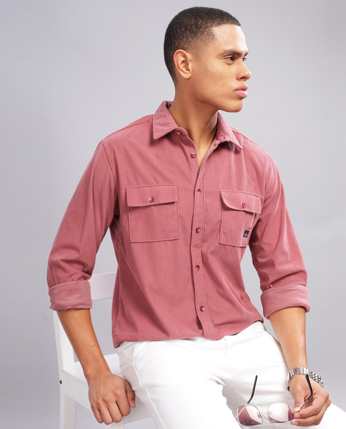 Bright Pink Men's Corduroy Double Pocket  Slim Fit Shirt