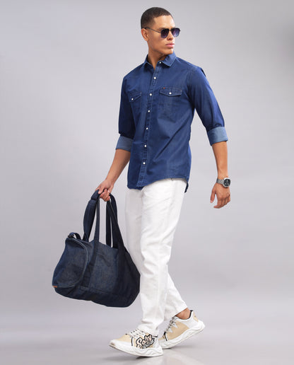 Blue Denim Washed Casual Slim Fit Shirt