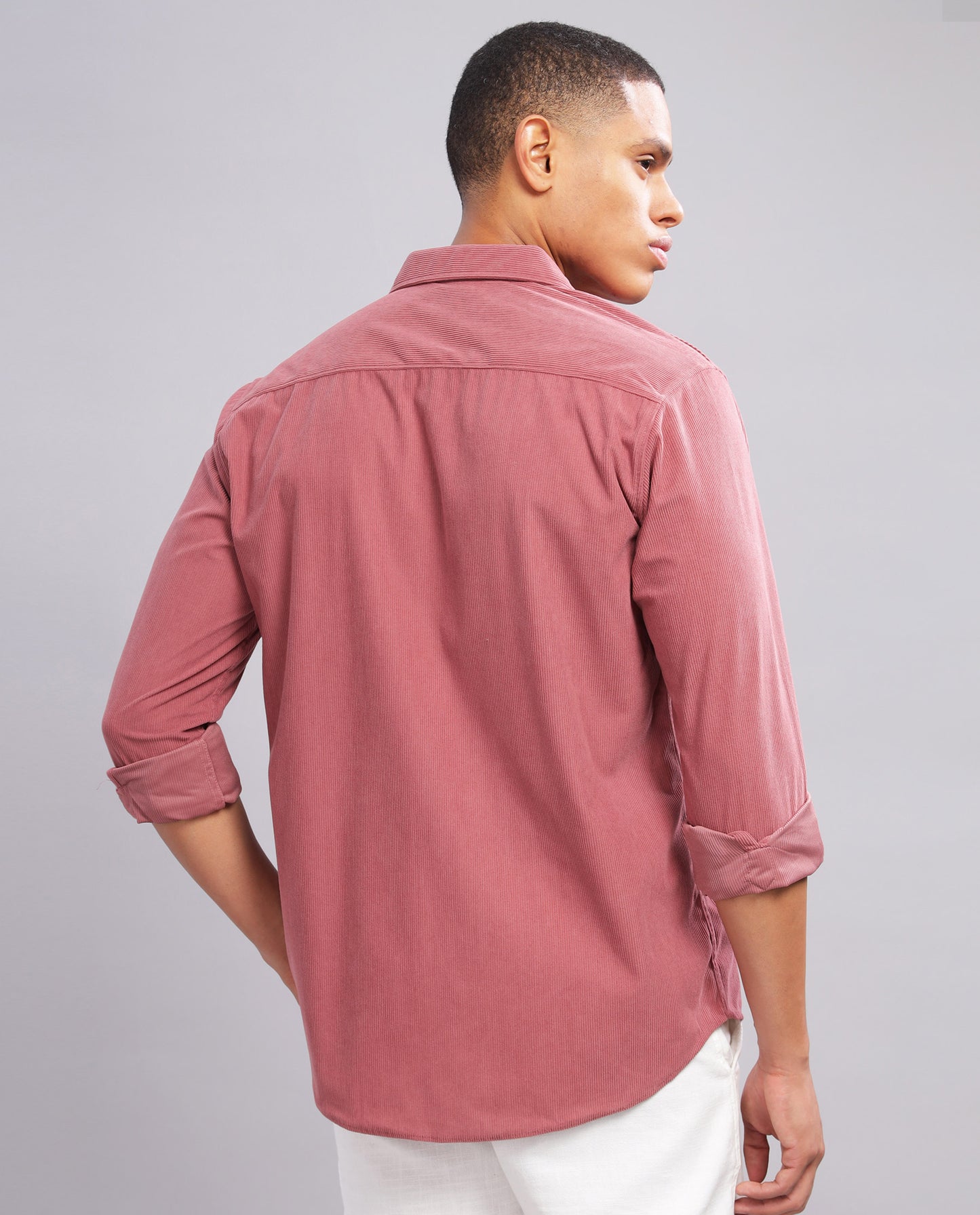 Bright Pink Men's Corduroy Double Pocket  Slim Fit Shirt