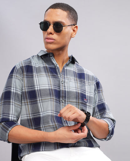 Men's Indigo Checked Slim Fit Shirt - Blue and Grey