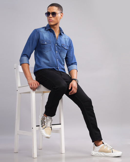 Dark Blue Denim Washed Casual Slim Fit Shirt