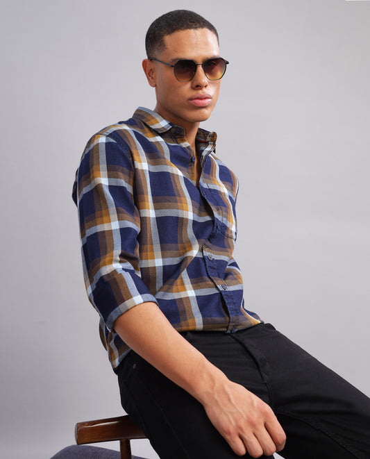 Men's Indigo Checked Slim Fit Shirt - Navy