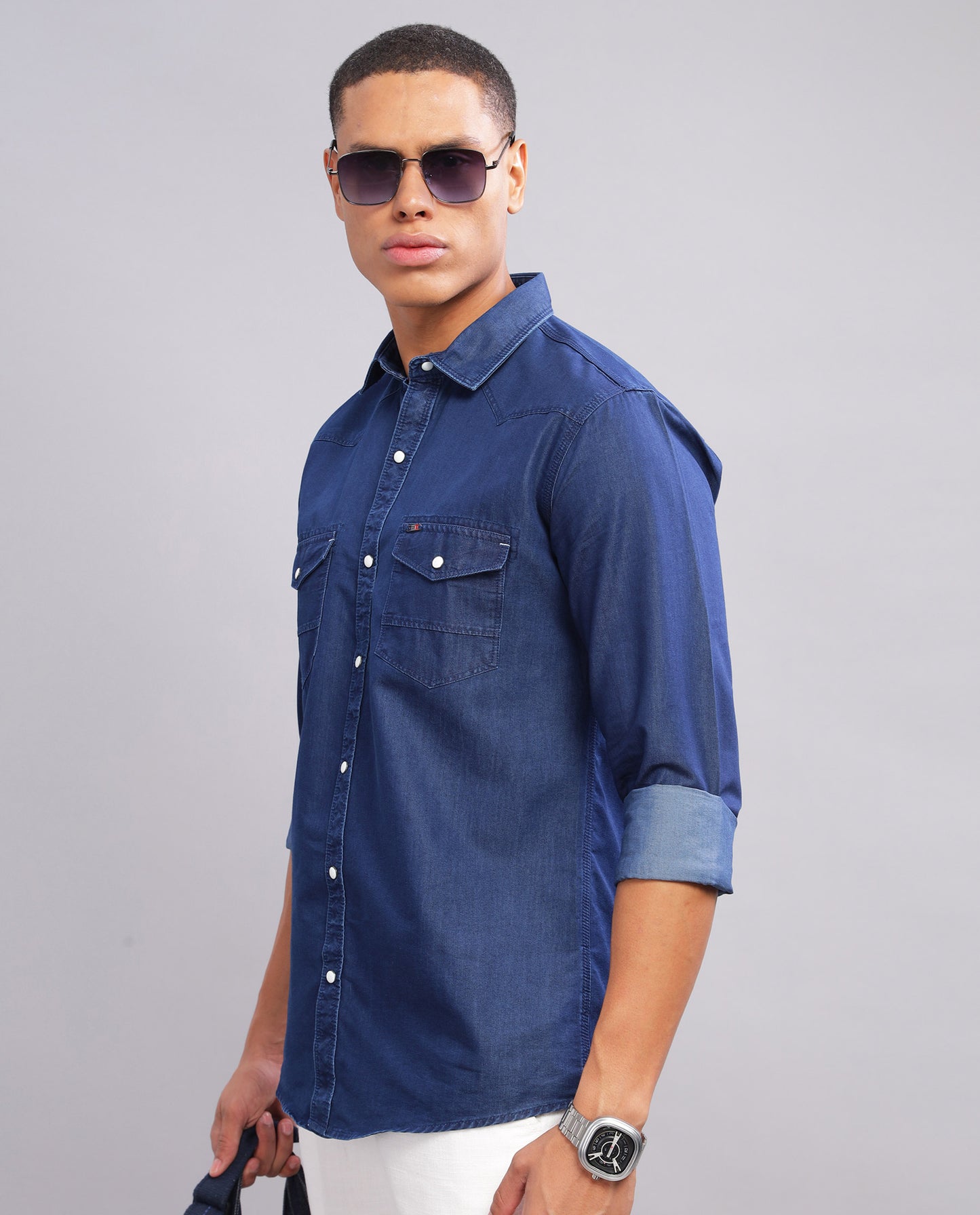 Blue Denim Washed Casual Slim Fit Shirt