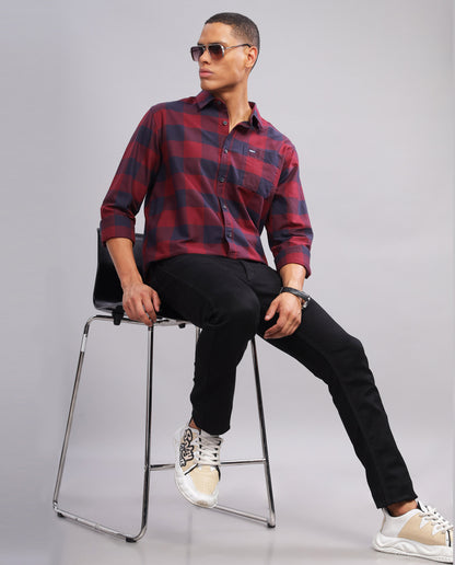 Men's  Oxford Checked Slim Fit Shirt -Red