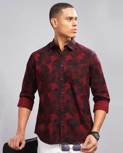 Men’s Floral Print Slim Fit Shirt - (Red )