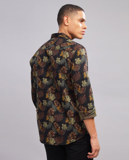 Men’s Black Slub Slim Fit Shirt  (Floral Print)