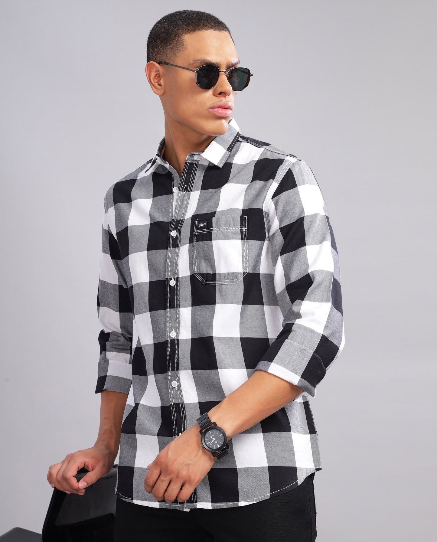 Men's  Oxford Checked Slim Fit Shirt - (Black)