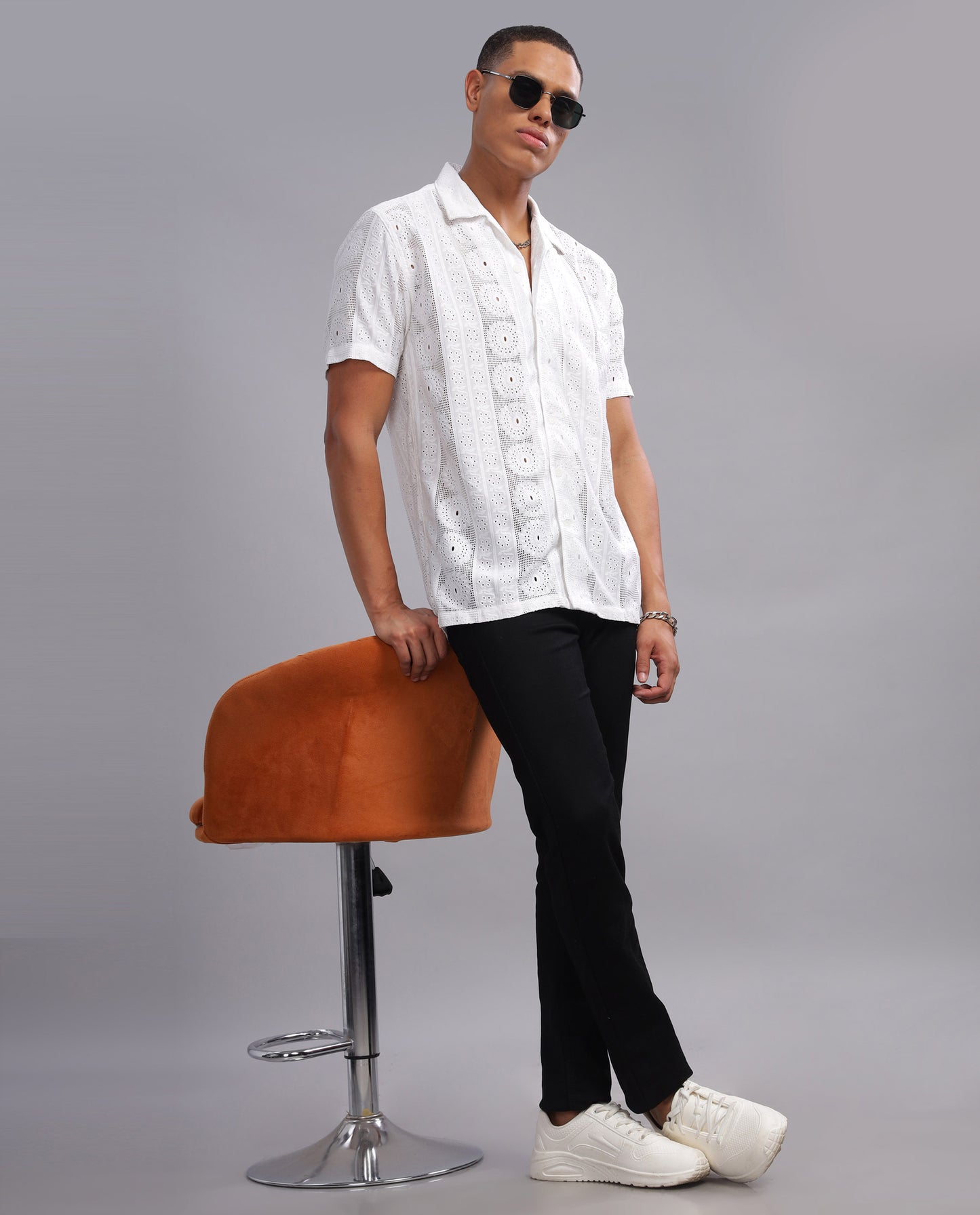 Men's Mesh Casual Slim Fit Shirt-White