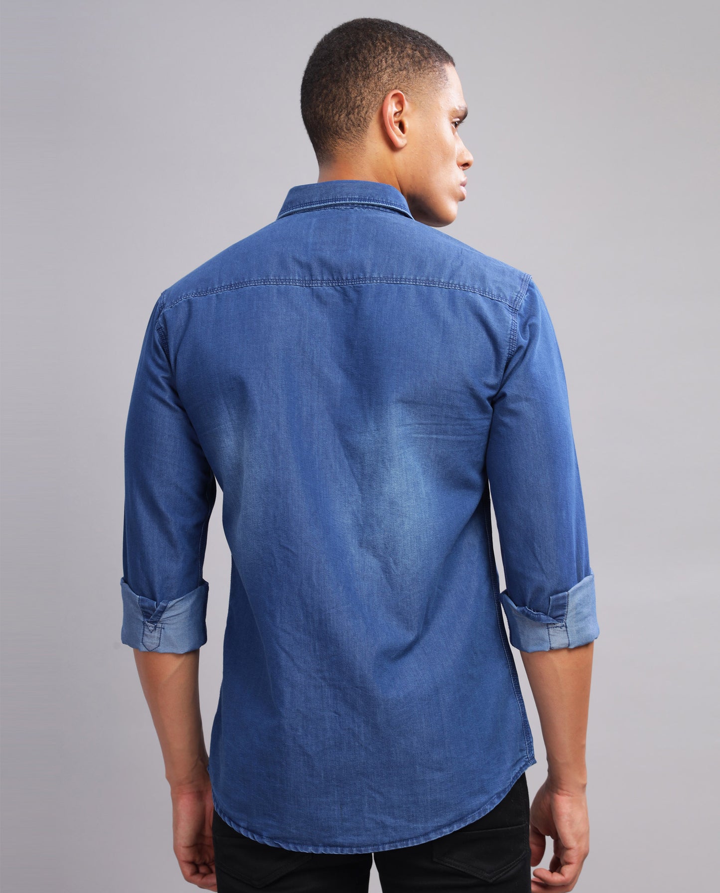 Dark Blue Denim Washed Casual Slim Fit Shirt