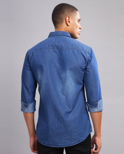 Dark Blue Denim Washed Casual Slim Fit Shirt