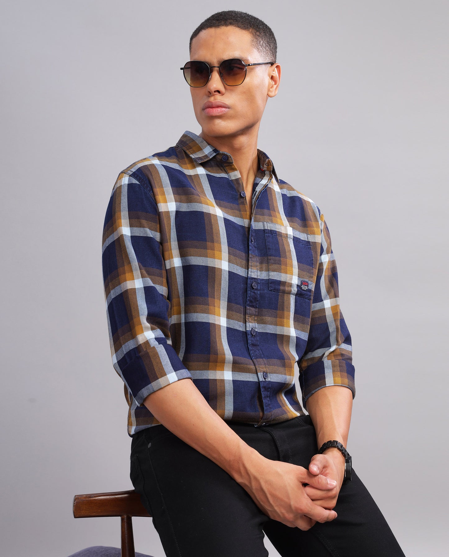 Men's Indigo Checked Slim Fit Shirt - Navy