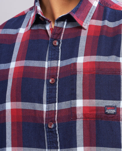 Men's Indigo Checked Slim Fit Shirt - Blue and Red