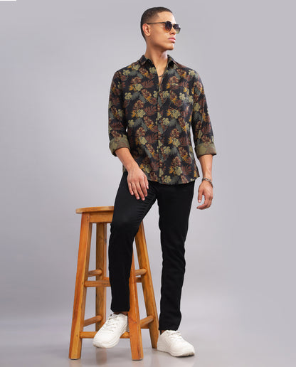 Men’s Black Slub Slim Fit Shirt  (Floral Print)