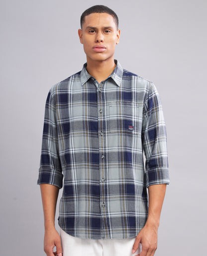 Men's Indigo Checked Slim Fit Shirt - Blue and Grey