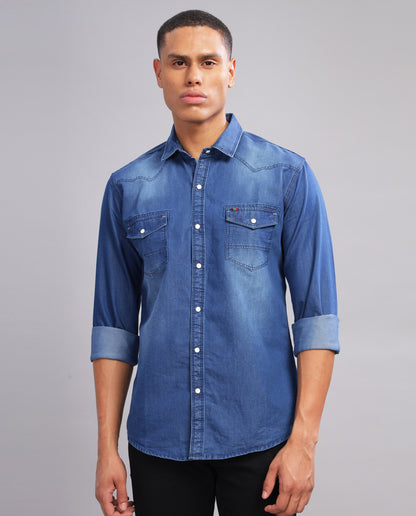 Dark Blue Denim Washed Casual Slim Fit Shirt