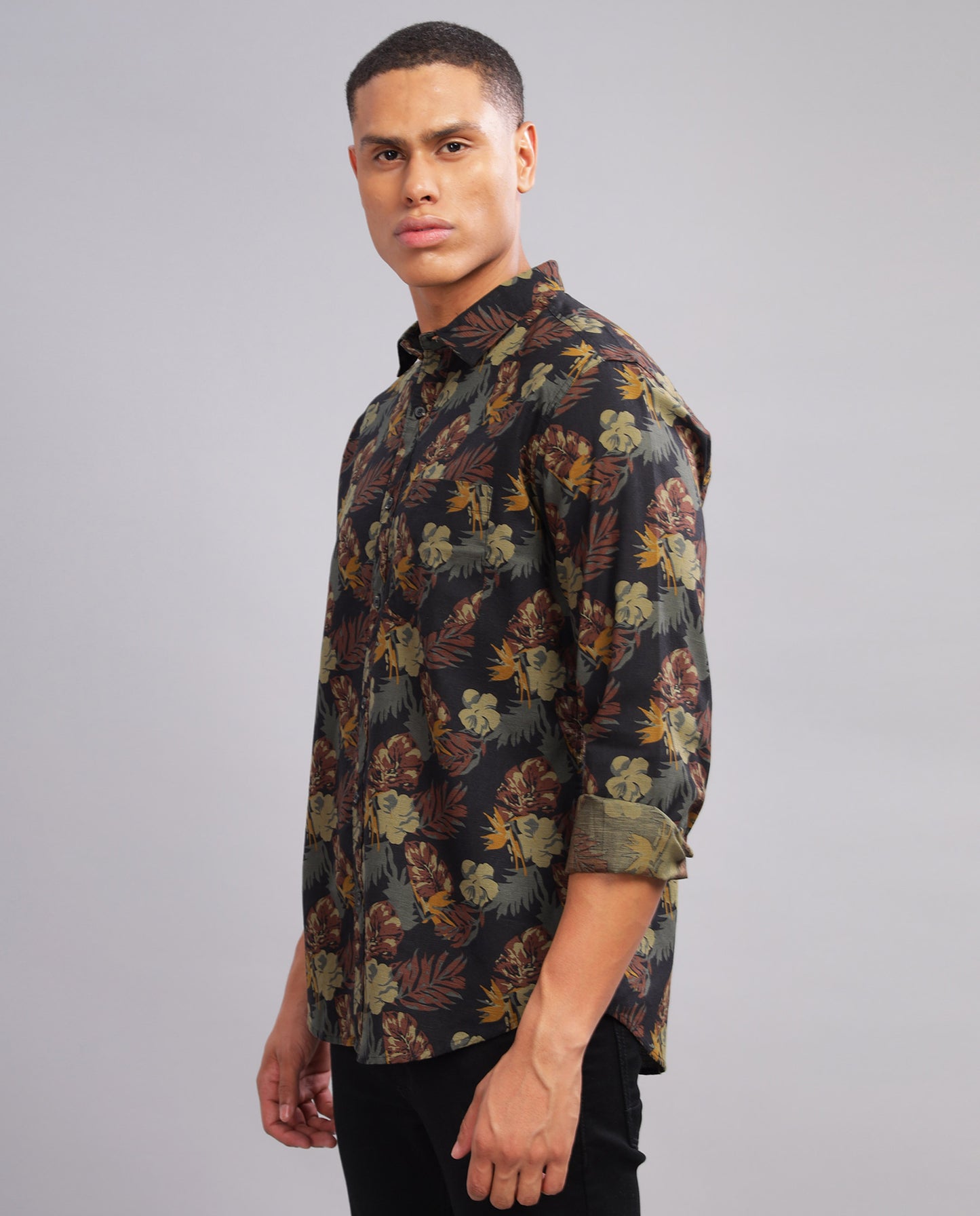 Men’s Black Slub Slim Fit Shirt  (Floral Print)