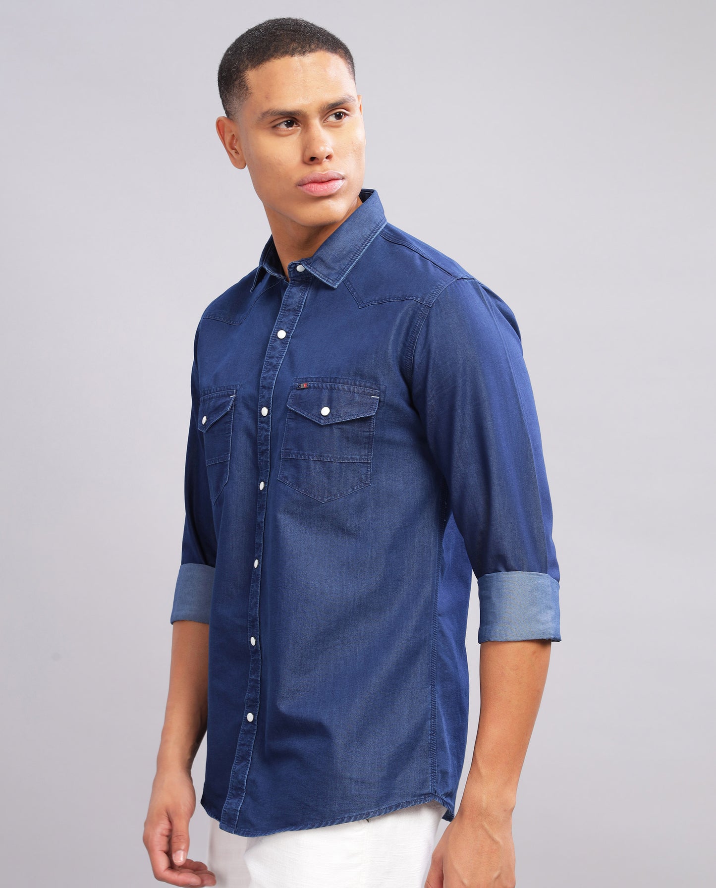 Blue Denim Washed Casual Slim Fit Shirt