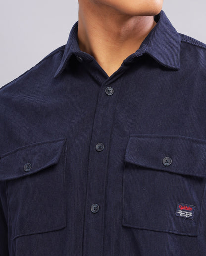 Navy Blue Men's Corduroy Double Pocket  Slim Fit Shirt