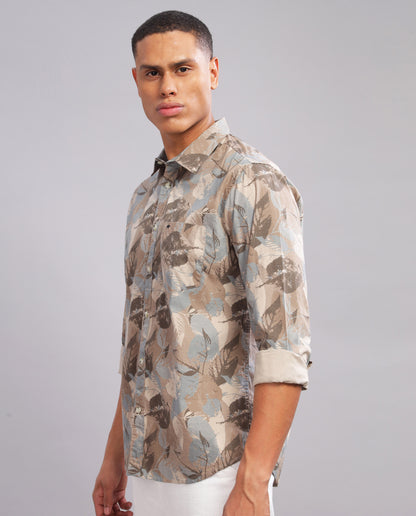 Men’s Digital Cord Print Slim Fit Shirt - Brown