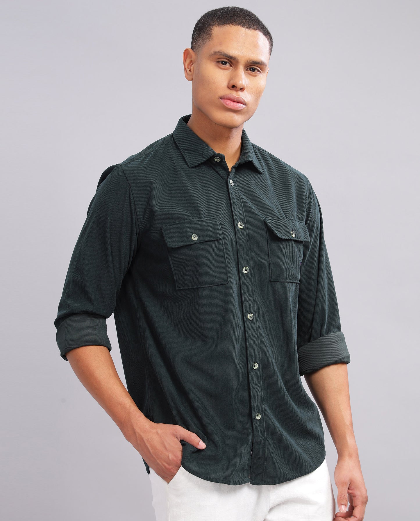 Green Men's Corduroy Double Pocket  Slim Fit Shirt