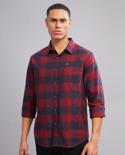 Men's  Oxford Checked Slim Fit Shirt -Red