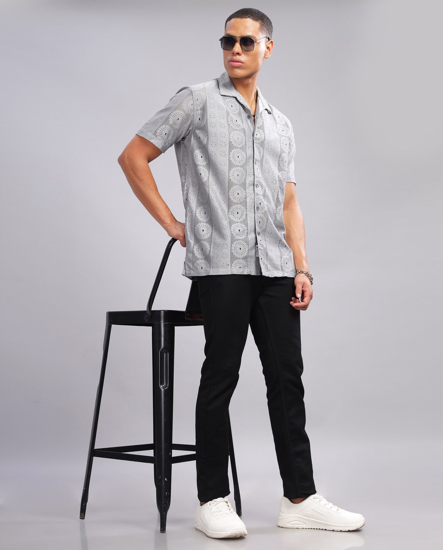 Men's  Mesh  Casual Slim Fit Shirt-Grey