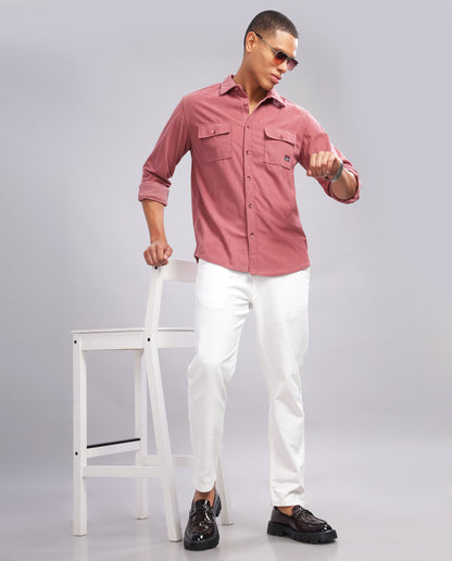 Bright Pink Men's Corduroy Double Pocket  Slim Fit Shirt