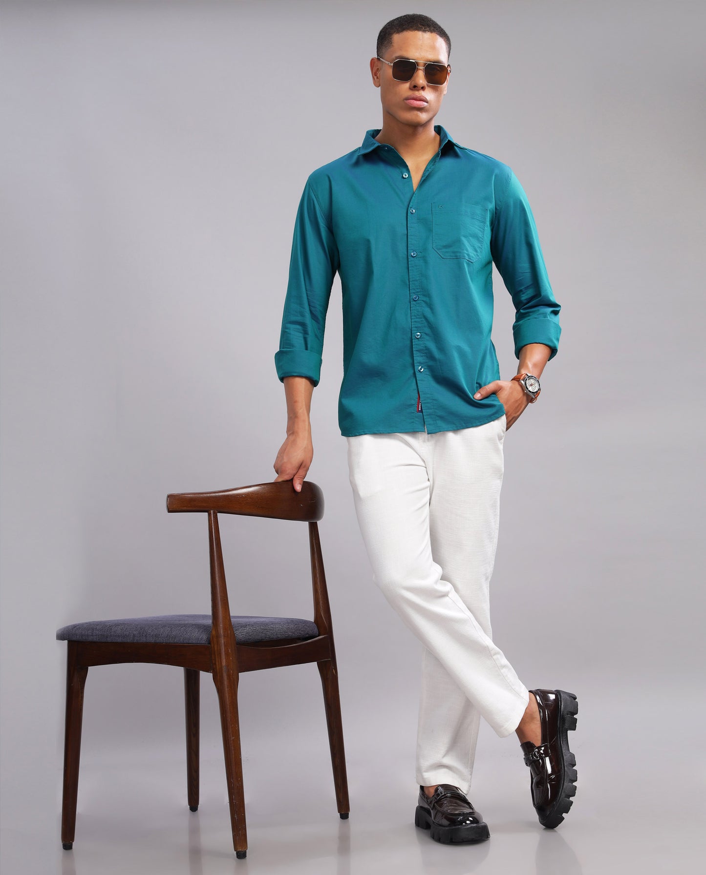 Peacock Blue Giza Cotton Slim Fit Shirt