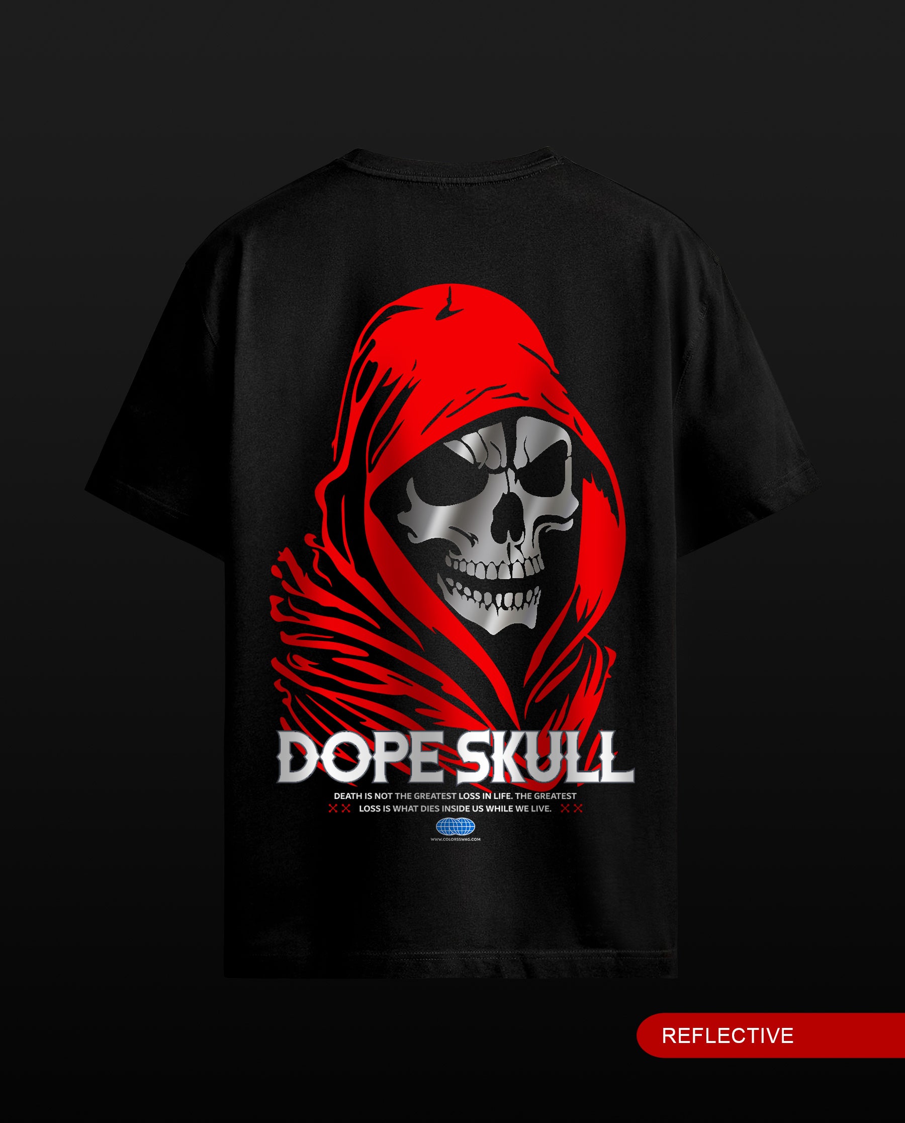 A black short-sleeve t-shirt shown from the back, featuring a large graphic of a skull in a red hood with the text 'DOPE SKULL' in white. The shirt is displayed against a dark background, with a small red label in the bottom right corner reading 'REFLECTIVE'.