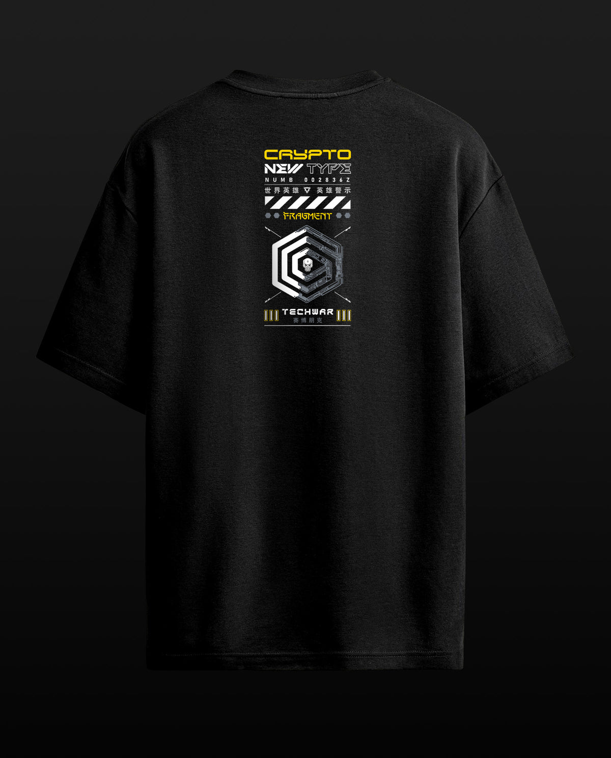 A black short-sleeve t-shirt shown from the back, featuring a large graphic print on the center back with the words 'CRYPTO NEW YORK' in yellow and white, a censored face design, and a geometric emblem.