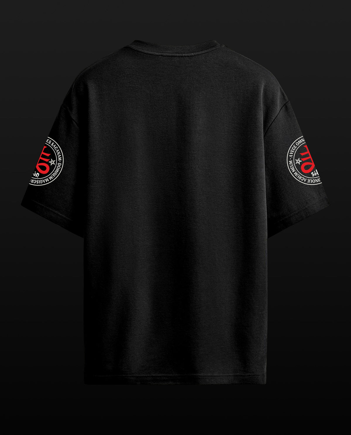A black t-shirt shown from the back, featuring circular sleeve graphics with red and white text and design elements, set against a dark background.