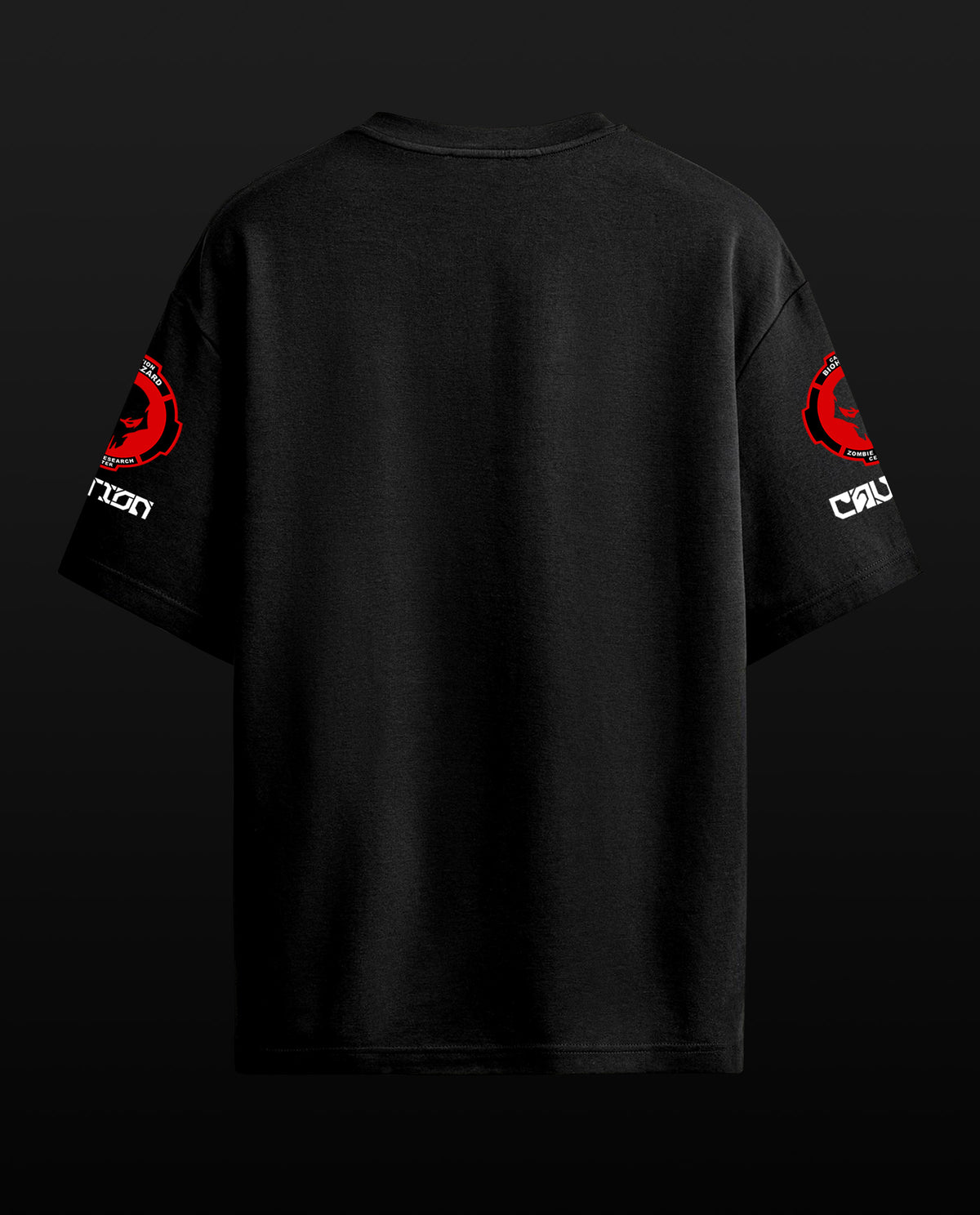 Black short-sleeve t-shirt shown from the back, featuring red circular graphics and white text on both sleeves, set against a dark background.