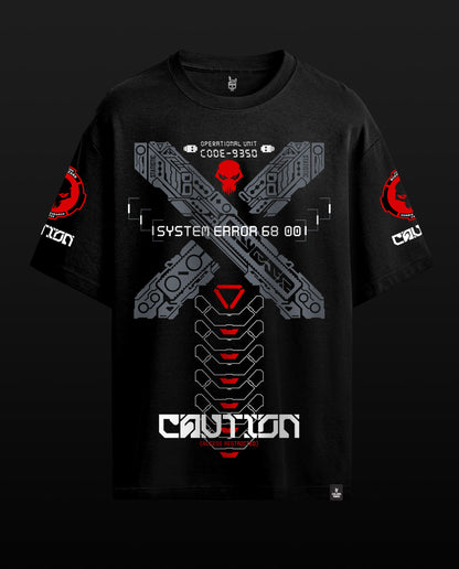 A black short-sleeve t-shirt with a detailed sci-fi graphic print. The design features a large gray metallic 'X' with a red skull in the center, white text reading 'SYSTEM ERROR 68 001', and 'CAUTION' in white at the bottom.