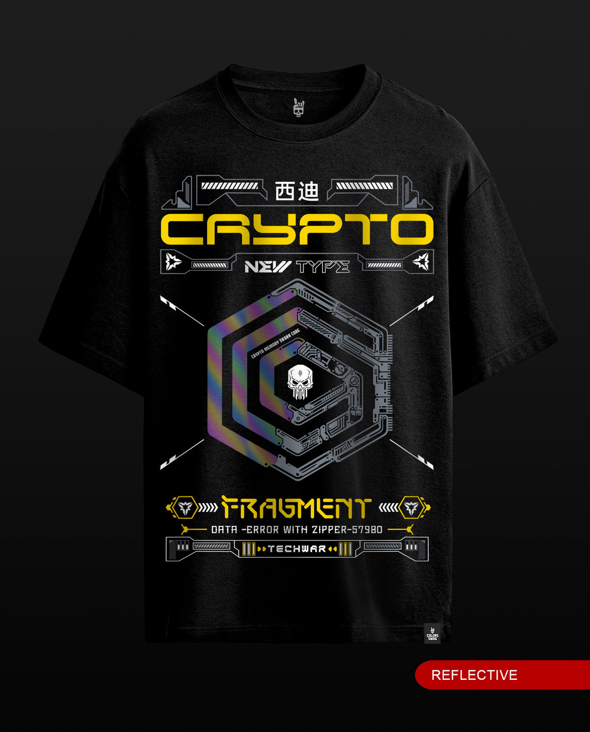 A black short-sleeve t-shirt with a detailed cyberpunk graphic on the front. The design features the text 'CRYPTO NEW TYPE' in yellow and white, a central holographic hexagonal maze with a skull at the center, and 'FRAGMENT' in yellow below.