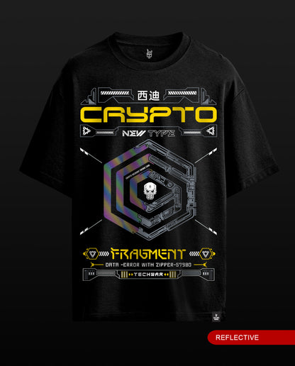 A black short-sleeve t-shirt with a detailed cyberpunk graphic on the front. The design features the text 'CRYPTO NEW TYPE' in yellow and white, a central holographic hexagonal maze with a skull at the center, and 'FRAGMENT' in yellow below.
