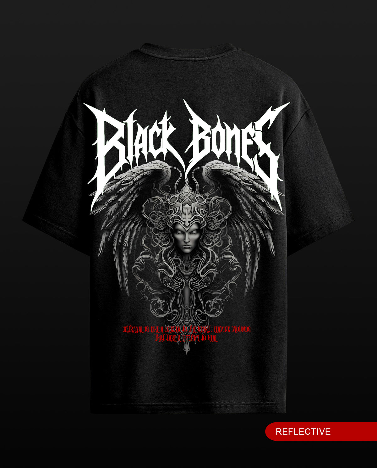Black short-sleeve graphic T-shirt shown from the back on a black background. The shirt features a large white gothic-style 'Black Bones' logo above a detailed gray angelic face and wing illustration, with small red text near the lower back.